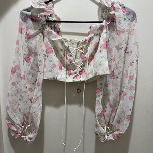 For Love & Lemons White Sheer Pink Rose Lace-Up Floral Crop Top